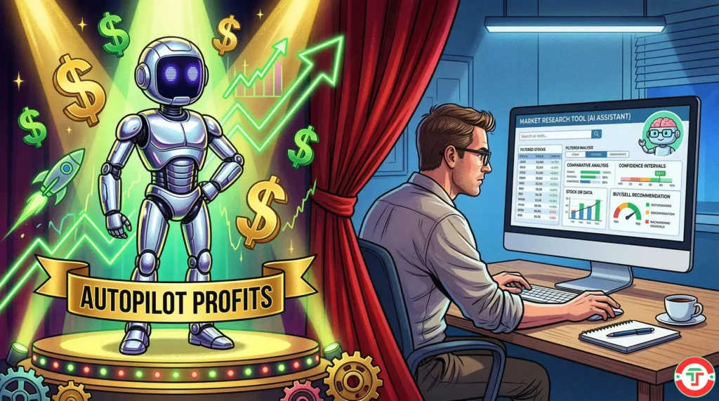 Editorial illustration showing a shiny robot on a pedestal labeled autopilot profits contrasted with the reality behind the curtain of a simple human using AI as a research assistant, debunking AI trading bot myths.