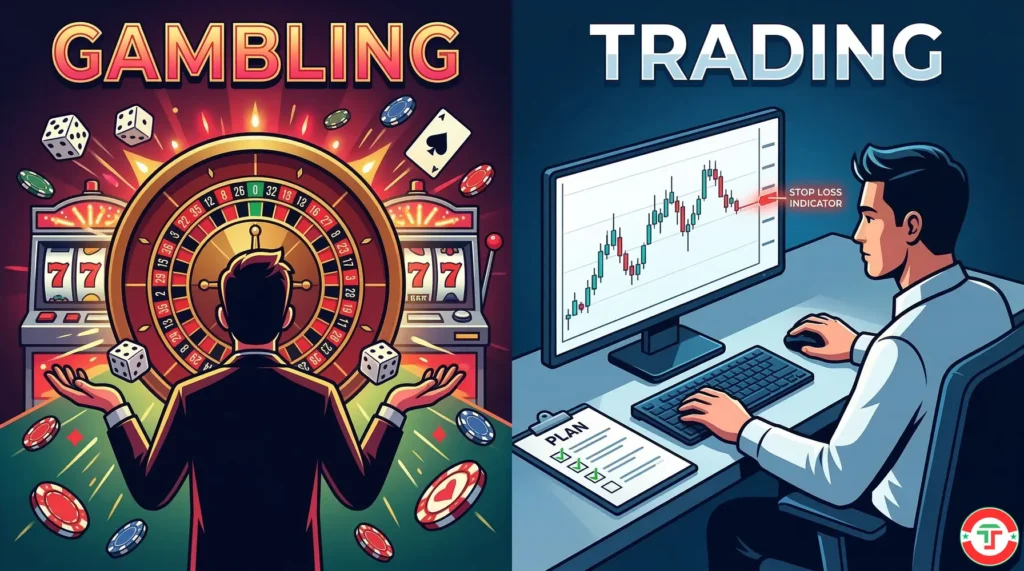 Split comparison showing a roulette wheel representing fixed gambling odds on one side and a trader with charts, a plan, and risk controls on the other, illustrating that day trading involves skill while gambling relies on luck.
