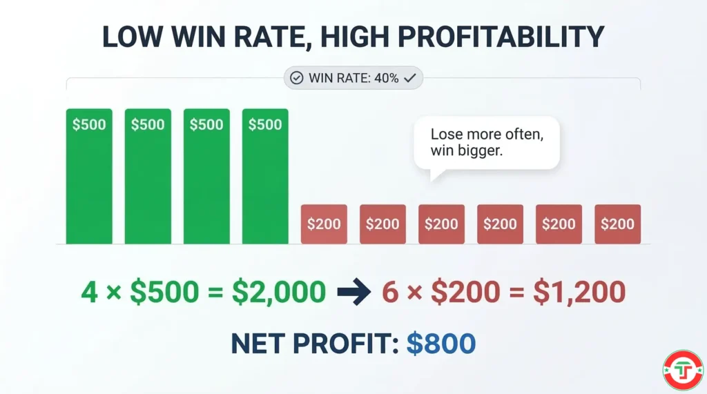 Infographic showing 10 trades where 4 wins at 500 dollars each and 6 losses at 200 dollars each produce a net profit of 800 dollars, debunking the myth that traders need a high win rate.