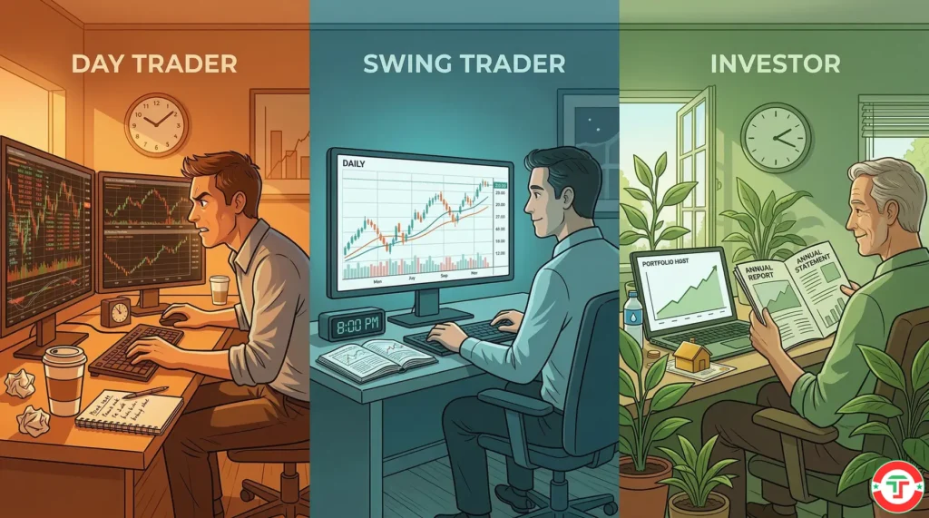 Split illustration comparing three trader personality types side by side: an intense fast-paced day trader, a balanced analytical swing trader, and a calm patient long-term investor at their respective workstations