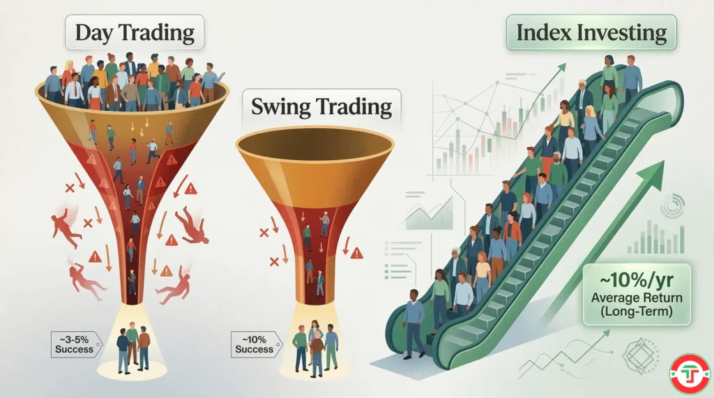 Editorial illustration showing a funnel narrowing from many traders entering at the top to very few succeeding at the bottom, visualizing that most active traders lose money compared to passive investing returns
