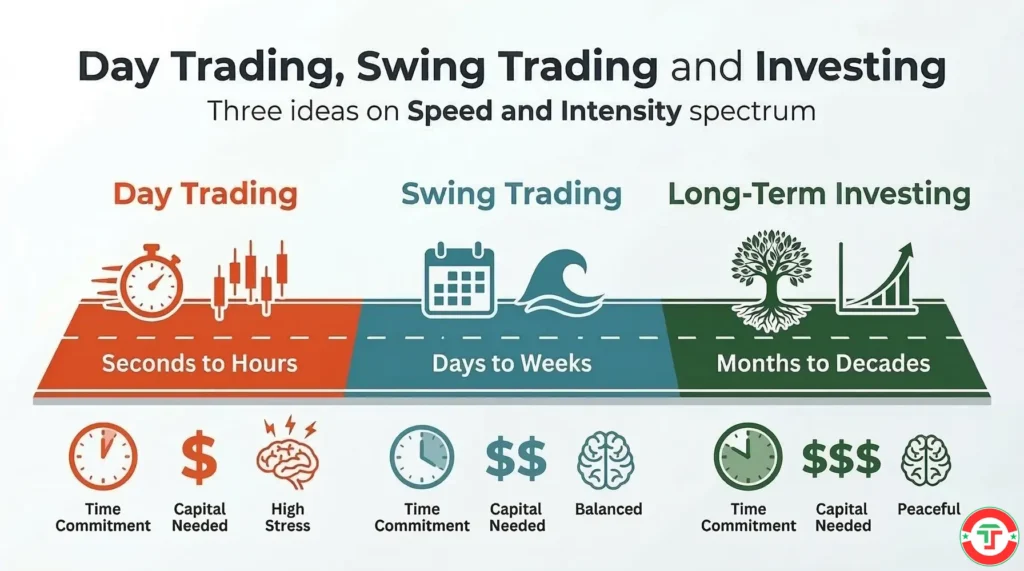 Infographic showing day trading, swing trading, and long-term investing as three lanes on a speed spectrum from fastest to slowest, with holding periods and key traits labeled for each approach