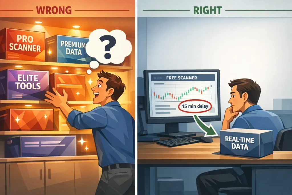 Editorial illustration showing the correct decision process for upgrading trading tools: identifying a specific problem first, then finding the tool that solves it, versus the wrong approach of buying tools and hoping they help