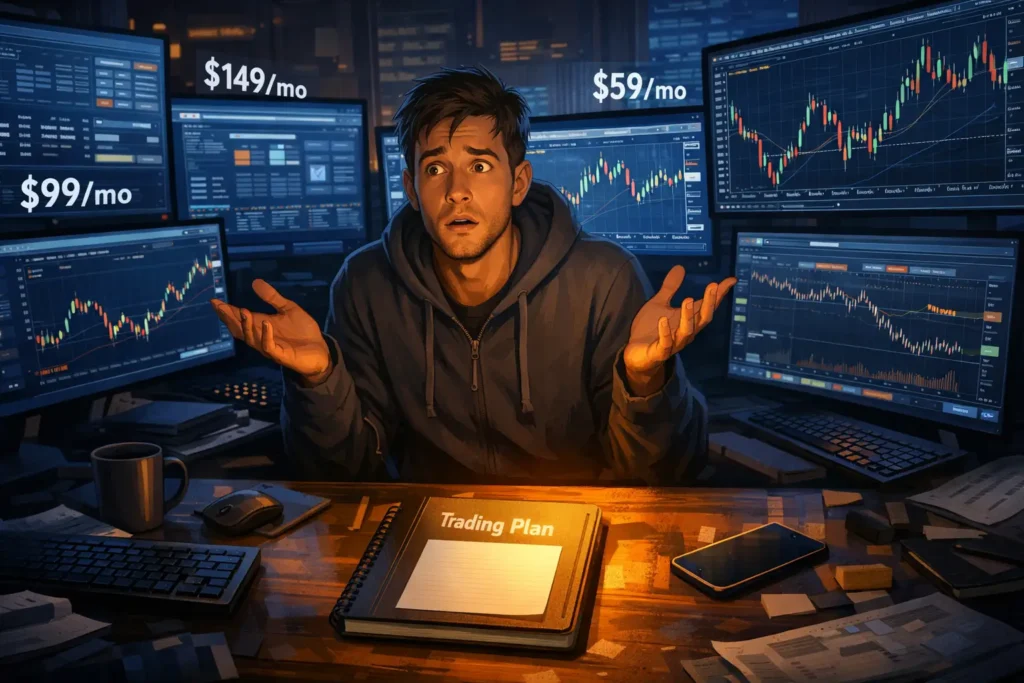 Semi-realistic illustration showing a beginner overwhelmed by professional trading tools they cannot use yet, contrasted with the simple notebook and single chart they actually need at their stage