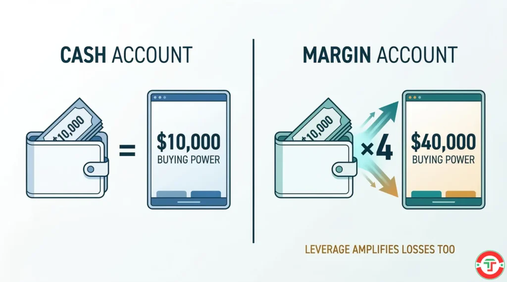 Side-by-side comparison of cash account and margin account buying power — a wallet with $10,000 in cash on one side versus the same wallet plus a 4x multiplier showing $40,000 in buying power on the other, illustrating how margin leverage expands trading capacity.