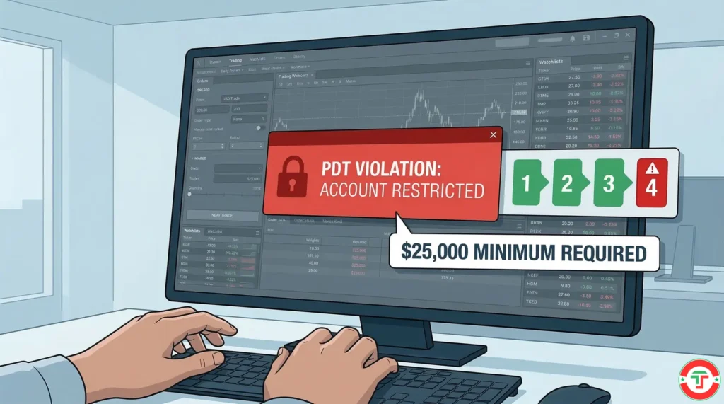  Editorial illustration showing a day trader's screen flashing a pattern day trader warning after a fourth day trade, with a padlock icon on the trading interface and a $25,000 minimum equity threshold barrier — visualizing how the PDT rule locks out underfunded margin accounts.
