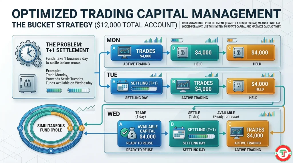 Infographic showing T+1 settlement timeline for a cash account day trader — three capital buckets rotating across Monday through Wednesday, with arrows showing how sale proceeds from one day settle and become available the next business day.