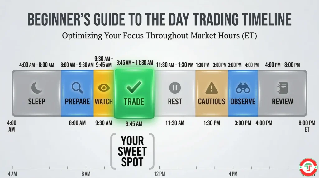 Visual guide showing which stock market sessions beginners should trade, observe, or avoid, with the 9:45 AM to 11:30 AM morning window highlighted as the recommended focus zone.