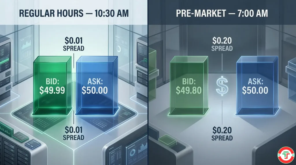 Side-by-side comparison showing tight bid-ask spreads during regular market hours versus wide spreads during pre-market extended hours, illustrating the hidden cost of trading outside core sessions.