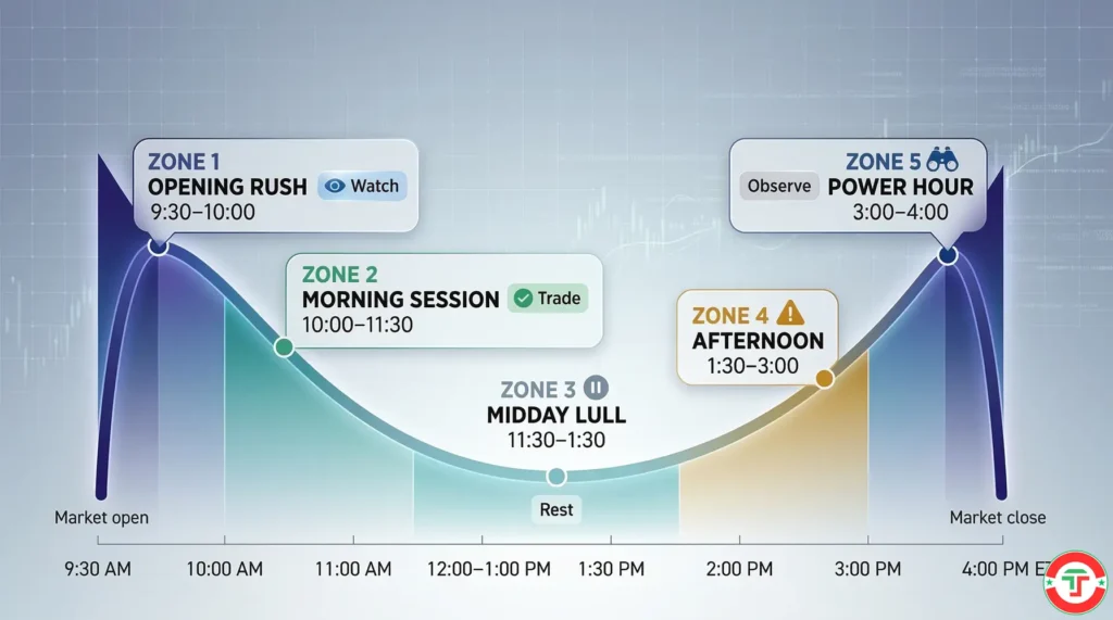 Infographic showing the U-shaped intraday volatility pattern across stock market hours, with high volatility at open and close and a midday lull in between, labeled with five trading zones.