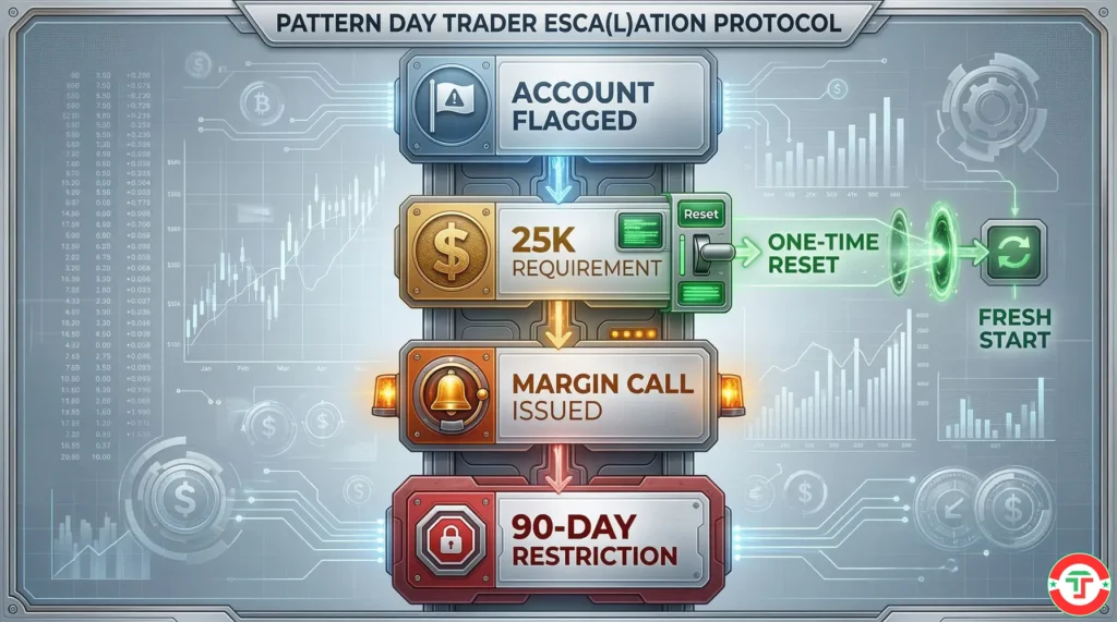 Flowchart showing the pattern day trader consequence sequence from account flagging to the 25000 dollar requirement, margin call, and 90-day trading restriction.