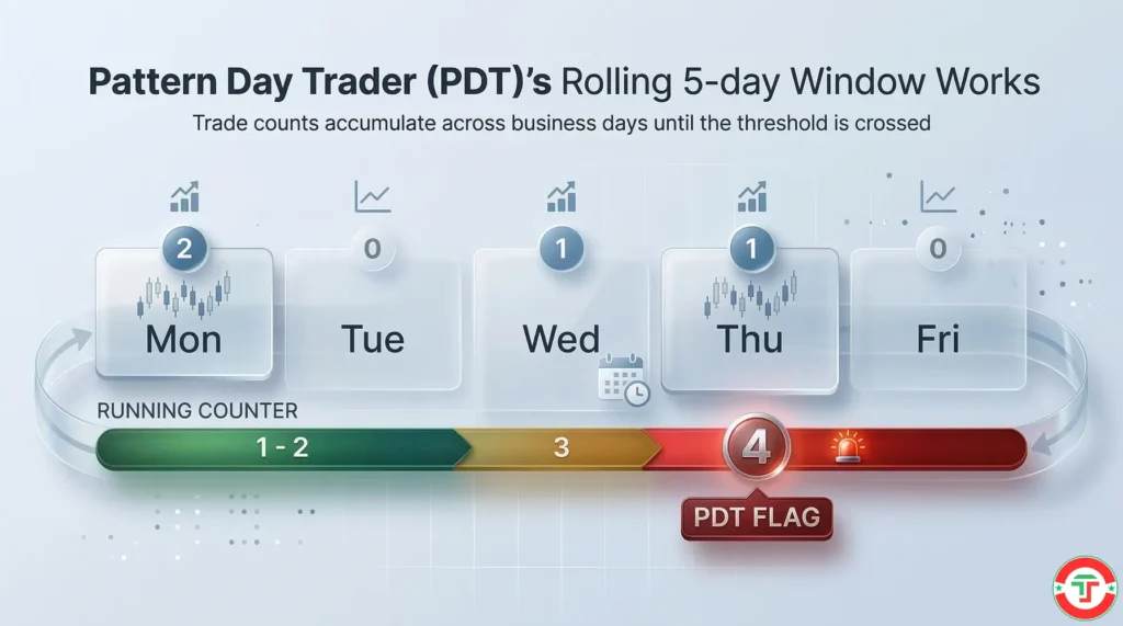 Infographic showing the pattern day trader 4-trade trigger across a rolling five business day window, with trade counts building toward the PDT flag threshold.