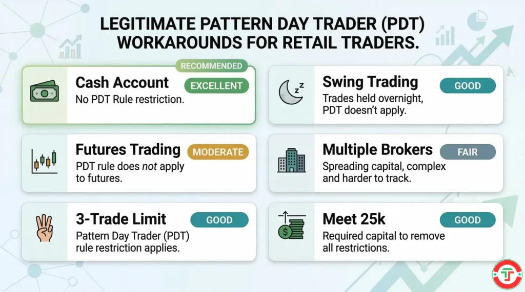 Visual comparison of six pattern day trader workarounds showing cash account, futures, three-trade limit, swing trading, multiple brokers, and meeting 25K, rated by beginner suitability from excellent to fair.