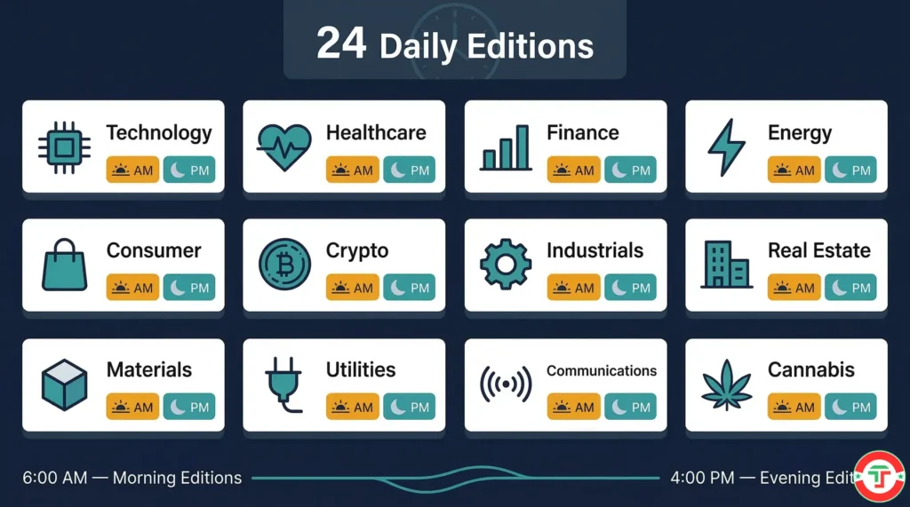 Clean infographic showing twelve market sector icons arranged in a grid with morning sun and evening moon symbols indicating twice-daily coverage across technology healthcare finance energy and eight other sectors