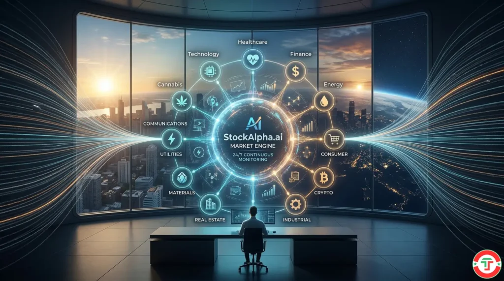 Semi-realistic illustration of an AI-powered command center monitoring twelve market sectors simultaneously with data streams flowing in real time while the sun rises and sets in the background