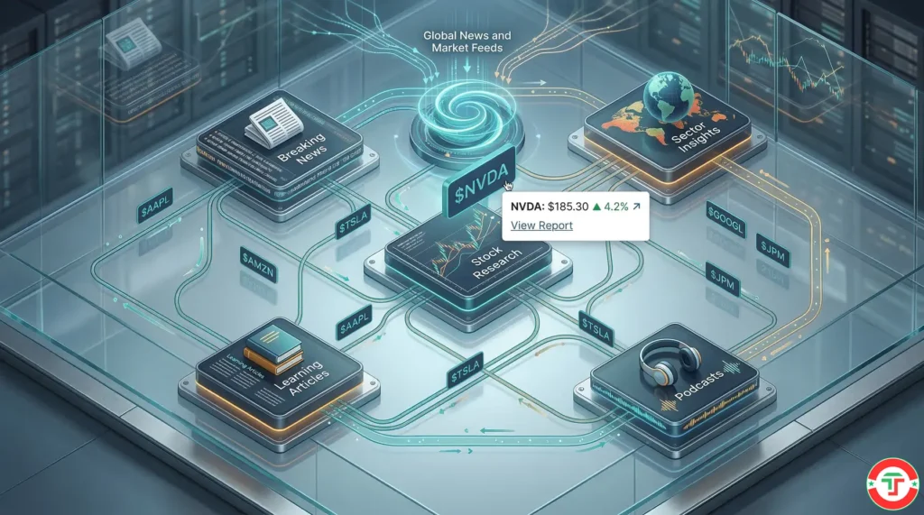 Isometric illustration showing interconnected article types on the StockAlpha platform with ticker symbols linking between sector reports stock research breaking news and educational content creating a unified research ecosystem