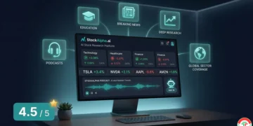 StockAlpha.ai review 2026 — AI-powered stock research platform rated 4.5 out of 5 by DayTradingToolkit showing sector analysis podcasts and market intelligence features