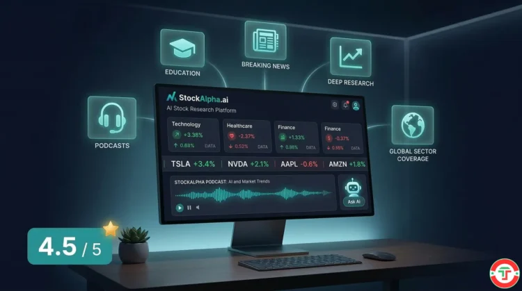StockAlpha.ai review 2026 — AI-powered stock research platform rated 4.5 out of 5 by DayTradingToolkit showing sector analysis podcasts and market intelligence features