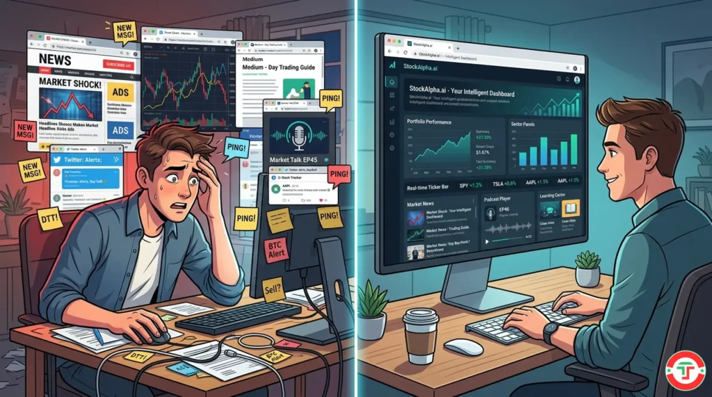 Split comparison showing a chaotic multi-tab research setup with five browser windows versus a single clean unified platform dashboard consolidating all market intelligence