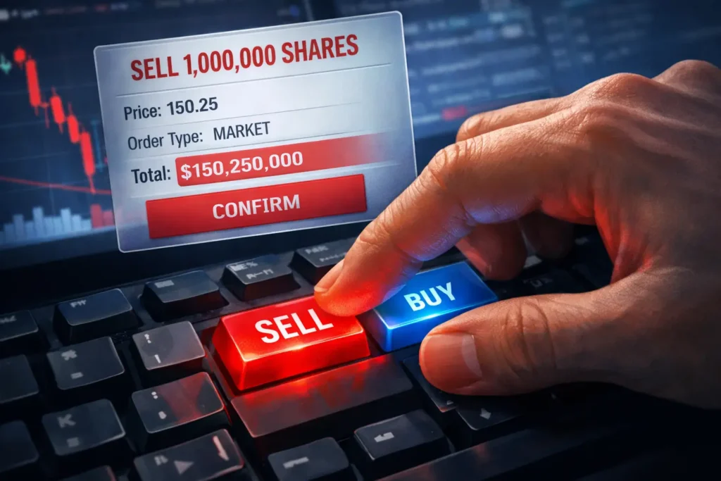 Editorial illustration showing a trader's finger hovering over a keyboard with a wrong key highlighted in red, visualizing how a single fat finger error in trading can trigger unintended costly orders