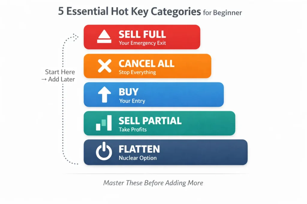 Infographic showing the five essential trading hot key categories for beginners: buy entry, sell full position, sell partial position, cancel all orders, and flatten all, arranged by priority