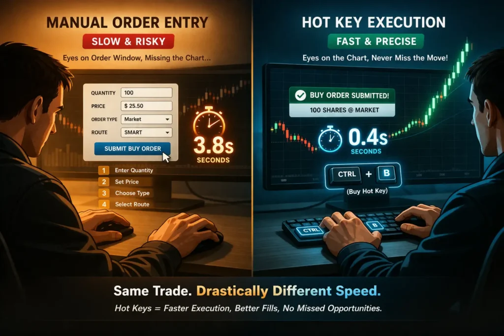 Split comparison showing slow manual trade execution with multiple mouse clicks versus instant hot key execution with a single keystroke, illustrating the speed advantage for day traders