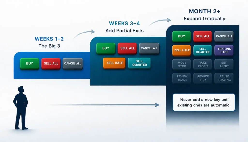 Infographic showing the progressive learning path for trading hot keys: starting with three essential keys in weeks one and two, adding partial exits in weeks three and four, then expanding gradually over months