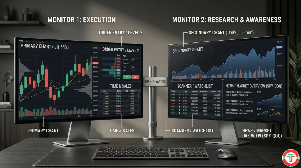 Annotated dual-monitor trading screen layout showing the primary execution monitor with chart, order entry, and Level 2 on the left, and the secondary research monitor with secondary chart, scanner, and news feed on the right — illustrating the do-versus-watch workflow separation for day traders.