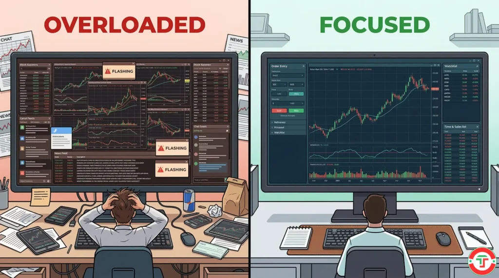 Split comparison of a cluttered trading screen overloaded with indicators, windows, and data feeds on the left versus a clean, minimal trading layout with only essential windows on the right — illustrating how information overload hurts decision-making while simplicity improves it.