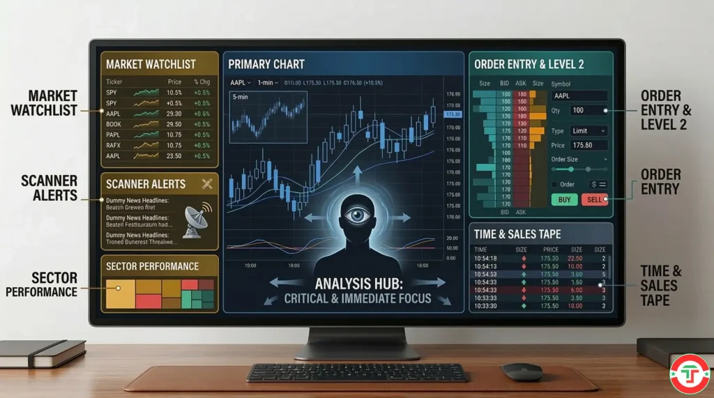 Annotated single-monitor trading screen layout showing the primary chart taking up two-thirds of the screen on the left, with order entry and Level 2 stacked on the upper right, watchlist in the middle right, and Time and Sales on the lower right — a clean four-window configuration for day trading on one screen.