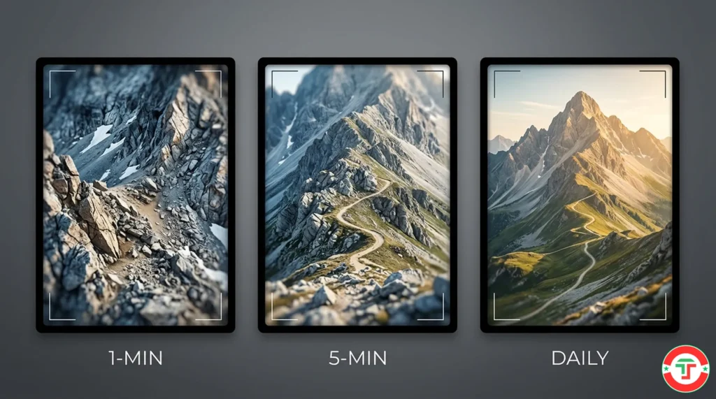 Three camera viewfinders showing the same mountain landscape at different zoom levels, illustrating how chart timeframes reveal different levels of detail on the same price data.