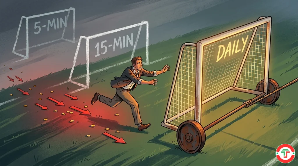 Editorial illustration of a trader chasing shifting goalposts across different chart timeframes, visualizing the dangerous habit of timeframe hopping to rationalize losing trades.
