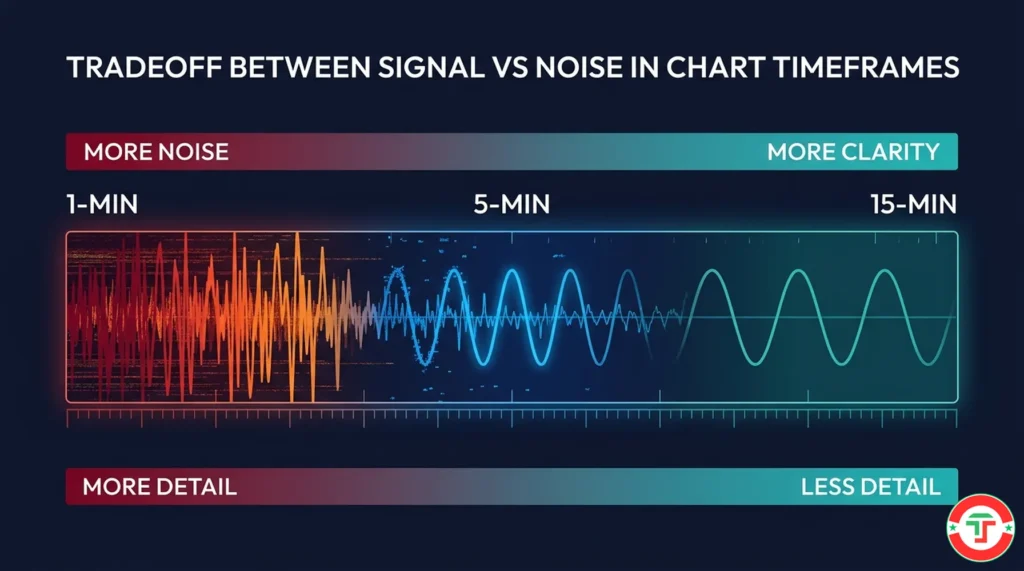 Infographic of a radio tuning dial showing the signal-to-noise ratio across day trading chart timeframes from noisy 1-minute to clear 15-minute charts.