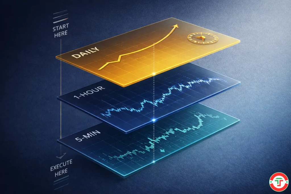 Isometric illustration showing three stacked transparent layers representing daily, hourly, and 5-minute chart timeframes in a top-down multi-timeframe analysis approach for day trading.