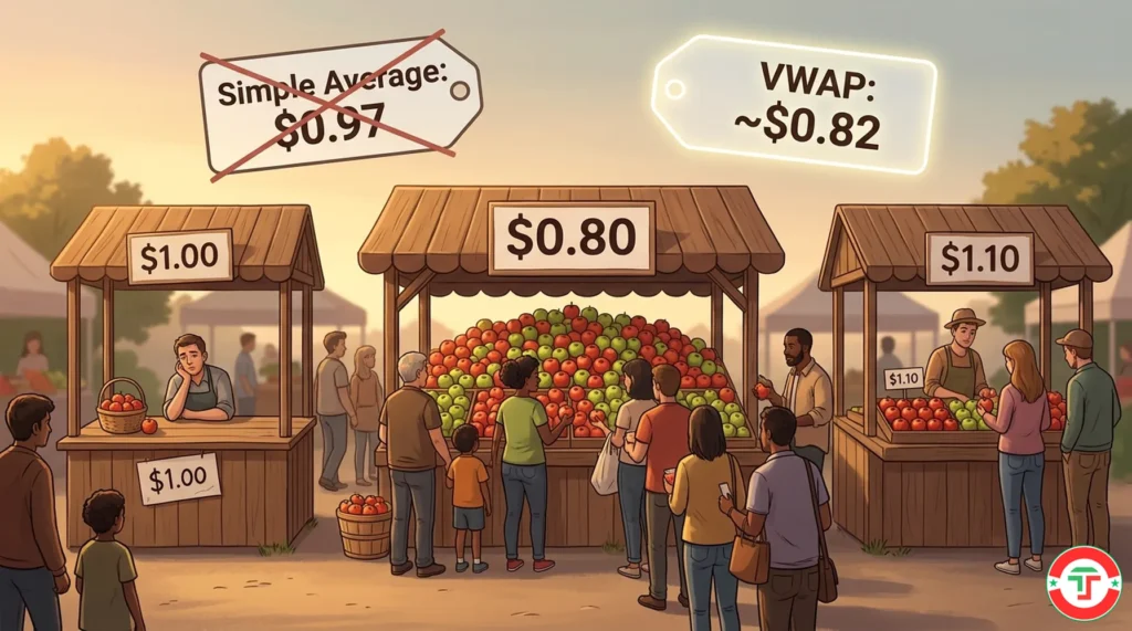 Illustration of a farmer's market with three apple vendors showing different volumes sold at different prices, visualizing how volume-weighted average price gives more weight to high-volume transactions.