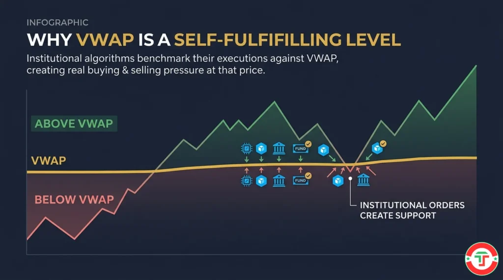 Infographic showing institutional trading algorithms executing orders around the VWAP line, with buy orders clustering near VWAP creating real support that retail traders can follow.